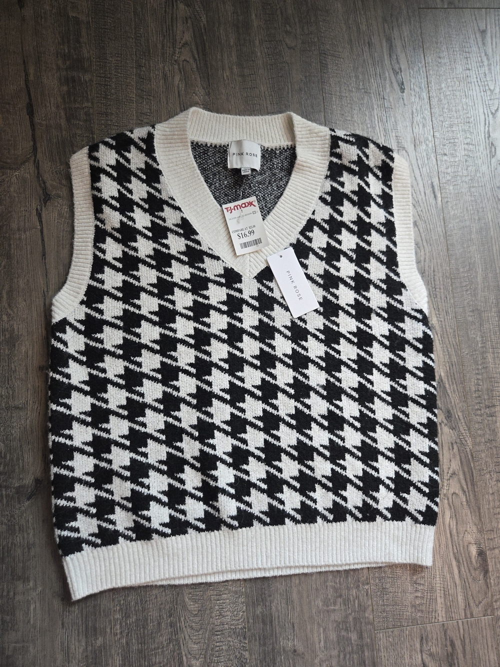 Pink Rose Black & Cream Houndstooth V-Neck Sweater Vest